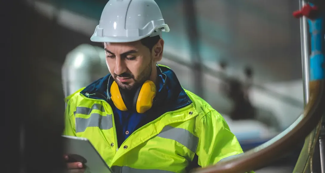 Técnico de colete refletivo consultando tablet em área industrial